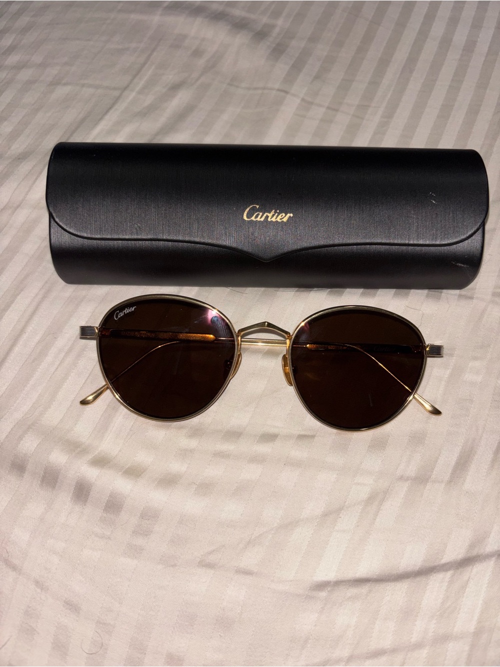 Cartier Gold Frame Round Sunglasses with Brown Lenses